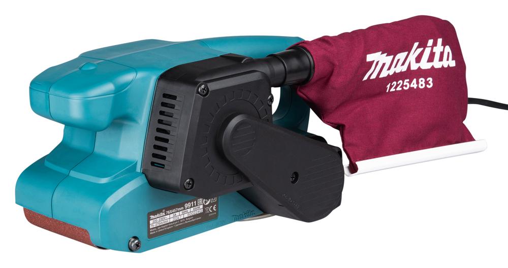 Makita 9911 bandslip med 76x457 mm slipband och påmonterad dammpåse