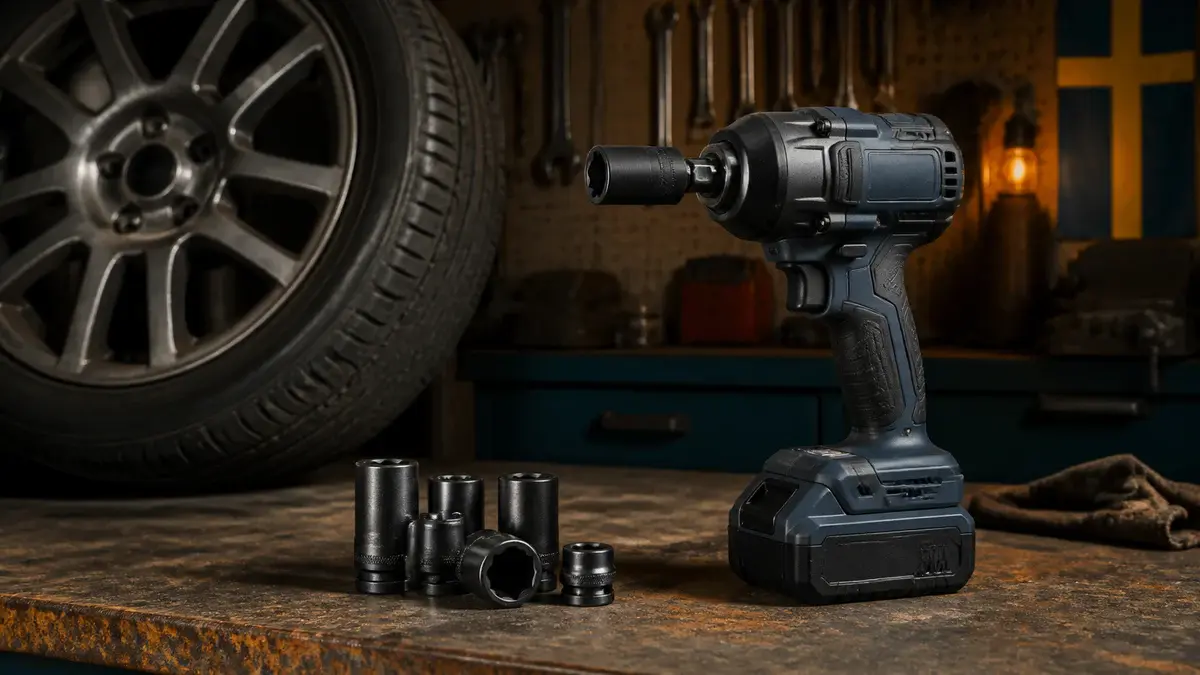 Batteridriven mutterdragare med fyrkantsfäste och flera krafthylsor vid ett bilhjul