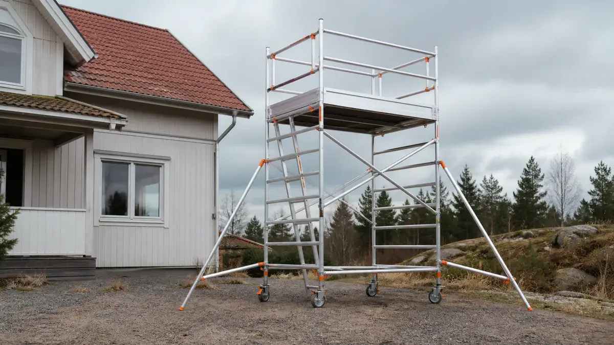 Mobil byggställning med låsta hjul, stödben, plattform, räcken och fotlist vid ett hus